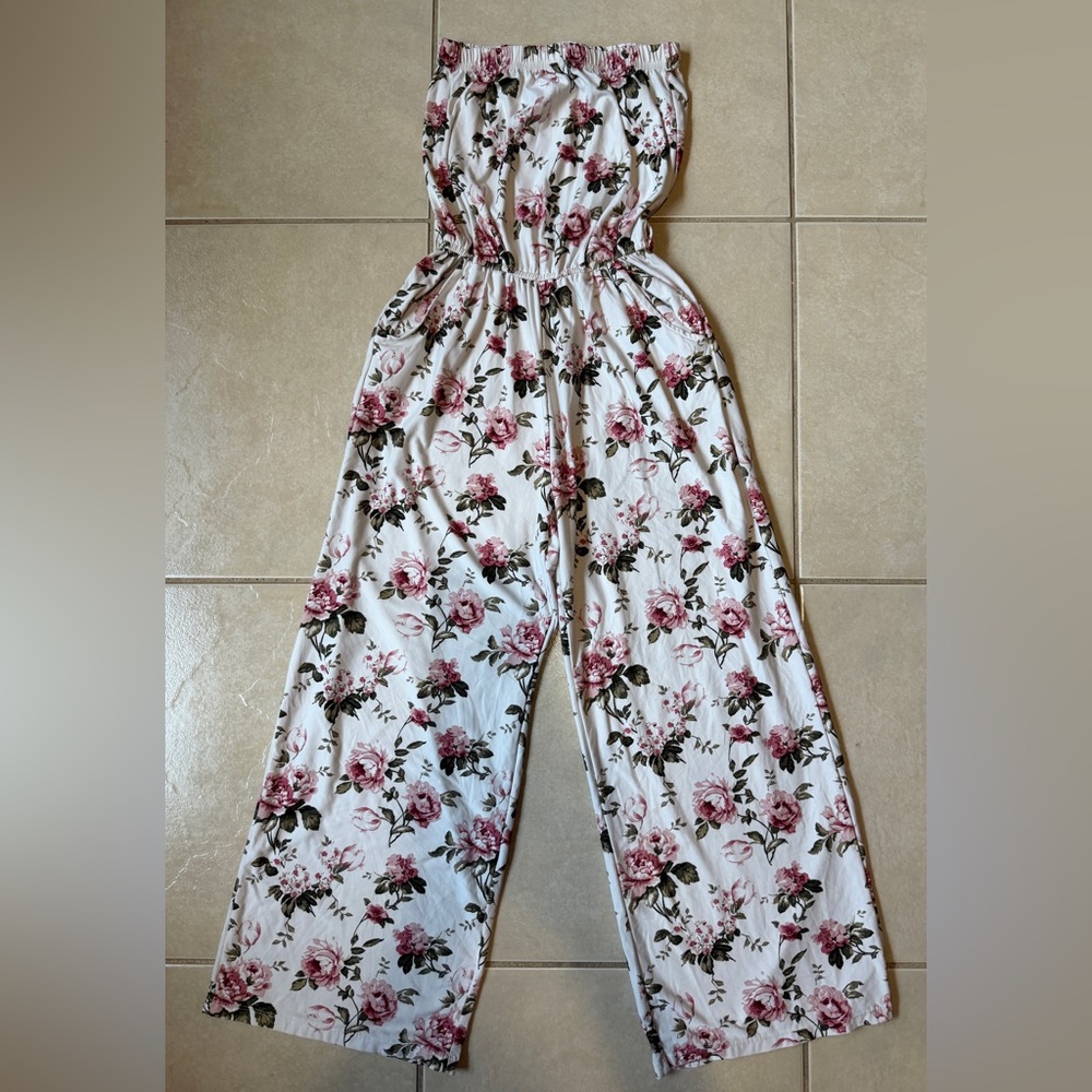 Cosmic Beauty Women’s S Floral Stretch Strapless Elastic Waist Pockets Jumpsuit